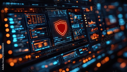 A digital security dashboard displaying data and a red shield icon, set against an abstract background of blue lights with lines representing network connections and shadows on the screen indicating 