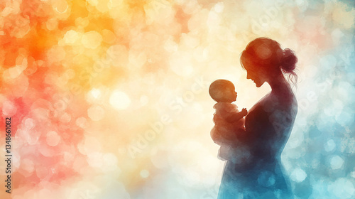 Elegant watercolor gradient featuring a mother holding a baby silhouette with soft typography