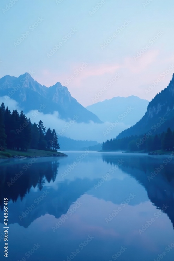 Serene Mountain Lake at Dawn Misty Peaks Reflecting on Calm Water, a Tranquil Scene of Nature's Beauty Serene Mountain Lake at Dawn Misty Peaks Reflecting on Calm Water, a Tranquil Scene of Nature's Beauty