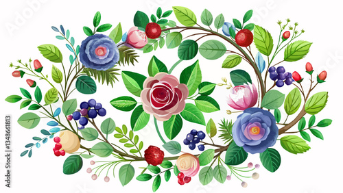 Fresh twigs with green leaves and berriesand rose flowers arrangement in a round floral frame