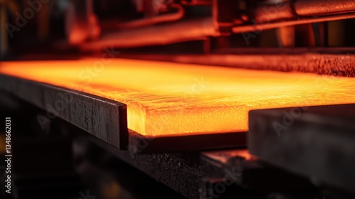 A conveyor belt carrying red-hot steel slabs through a processing plant.