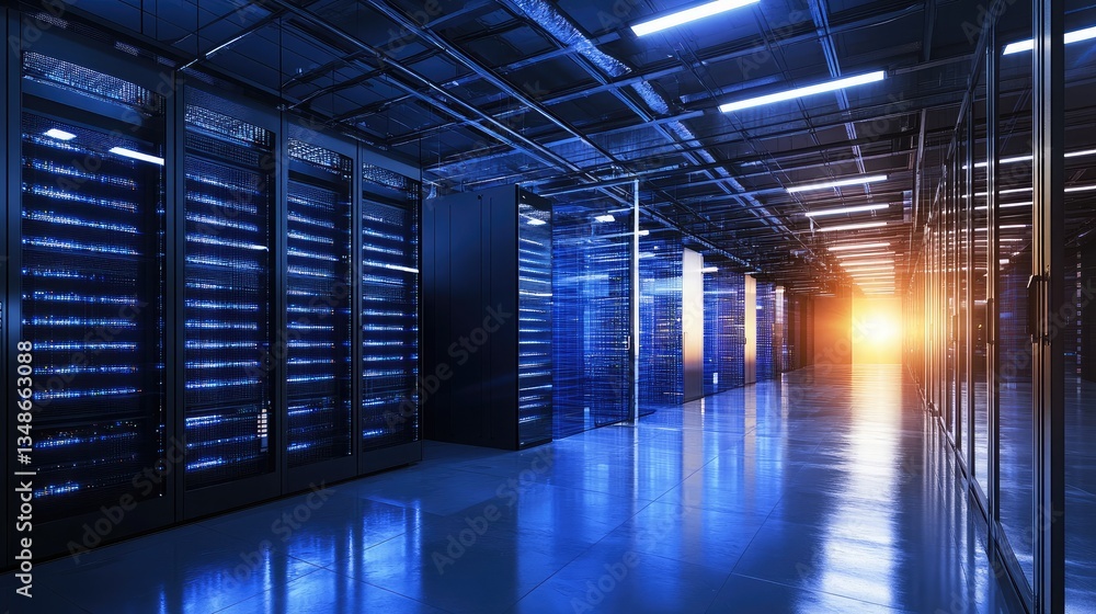 A futuristic data center under construction with cooling tower systems.