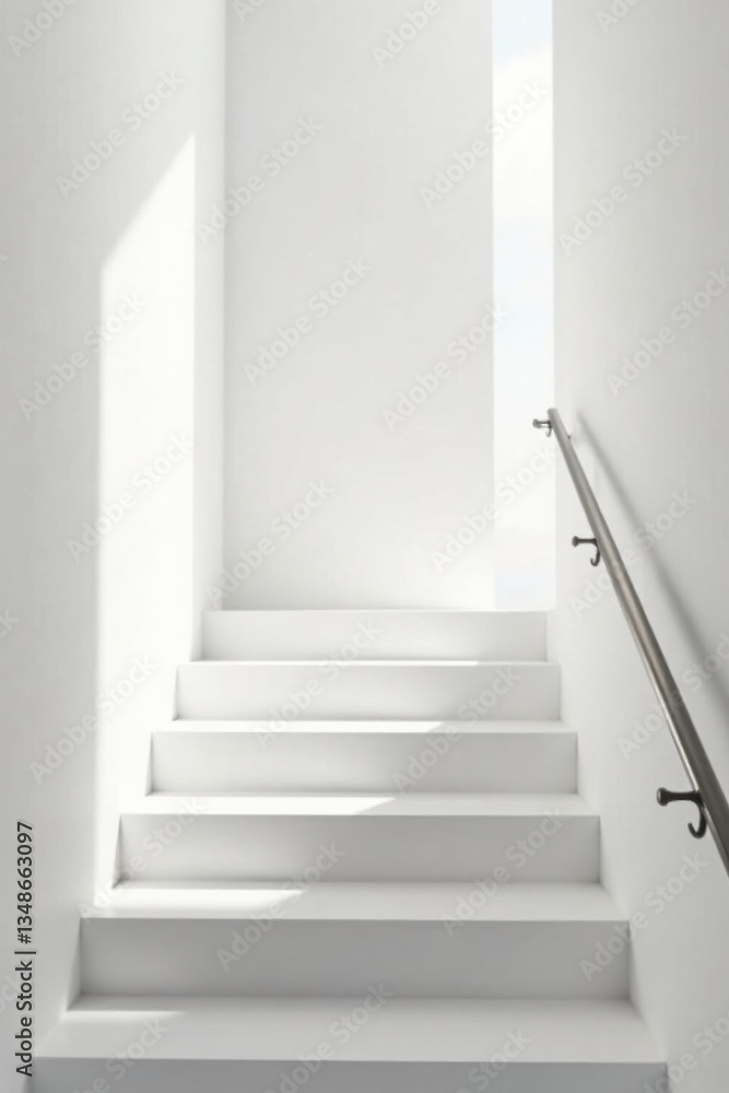 A minimalist indoor staircase with a sleek metal handrail, bathed in soft natural light, leading upwards towards an unseen destination. A minimalist indoor staircase with a sleek metal handrail, bathed in soft natural light, leading upwards towards an unseen destination.