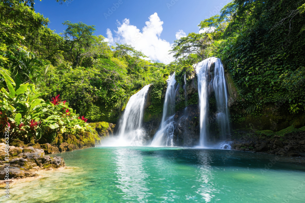 Fototapeta premium A stunning waterfall cascades into a turquoise pool surrounded by lush tropical greenery.