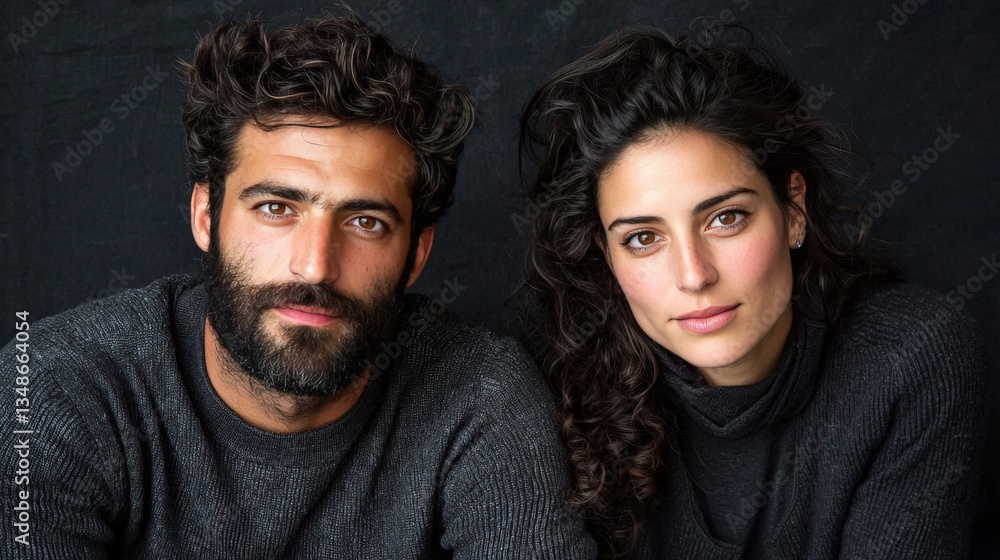 Obraz premium Stylish dark haired couple in black clothing posing confidently against a neutral backdrop with strong expressions and deep eye contact creating an intense and artistic mood for a modern portrait