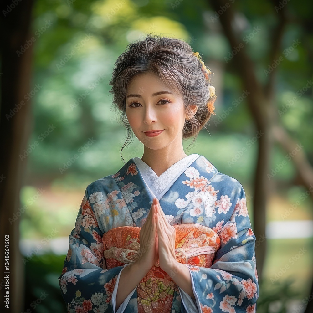 Woman in Traditional Yukata Standing in Serene Forest Garden at Shrine Woman in Traditional Yukata Standing in Serene Forest Garden at Shrine