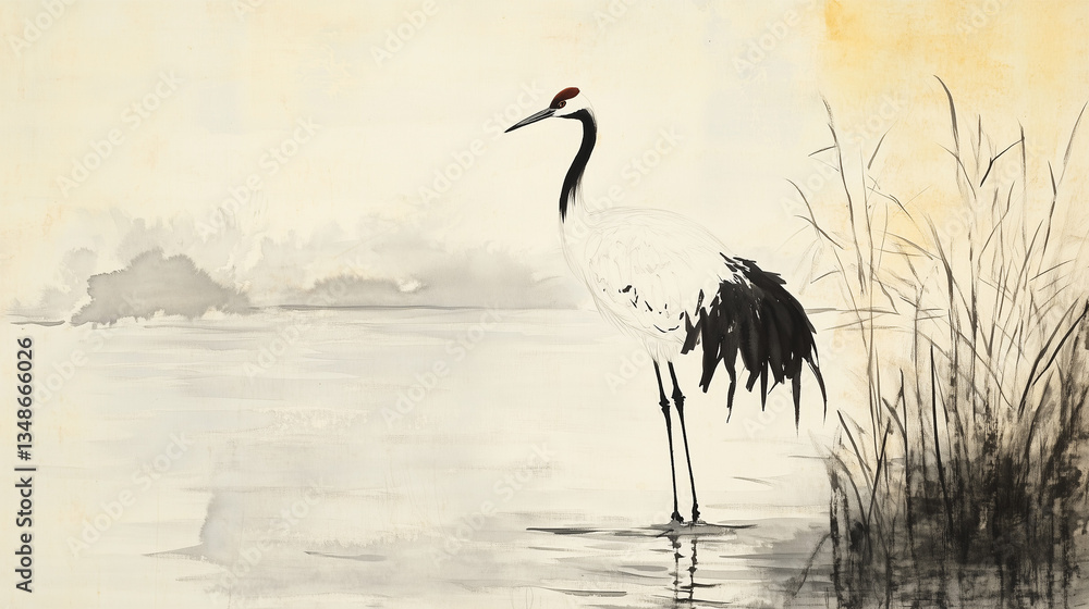 Fototapeta premium Serene crane standing by the water in a traditional ink painting 