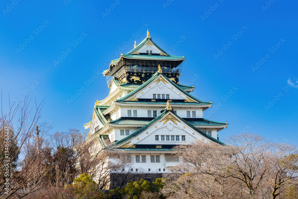 Fototapeta premium Closeup of Osaka castle in Osaka, Japan.. Golden decorations visible; blue sky in the background. 