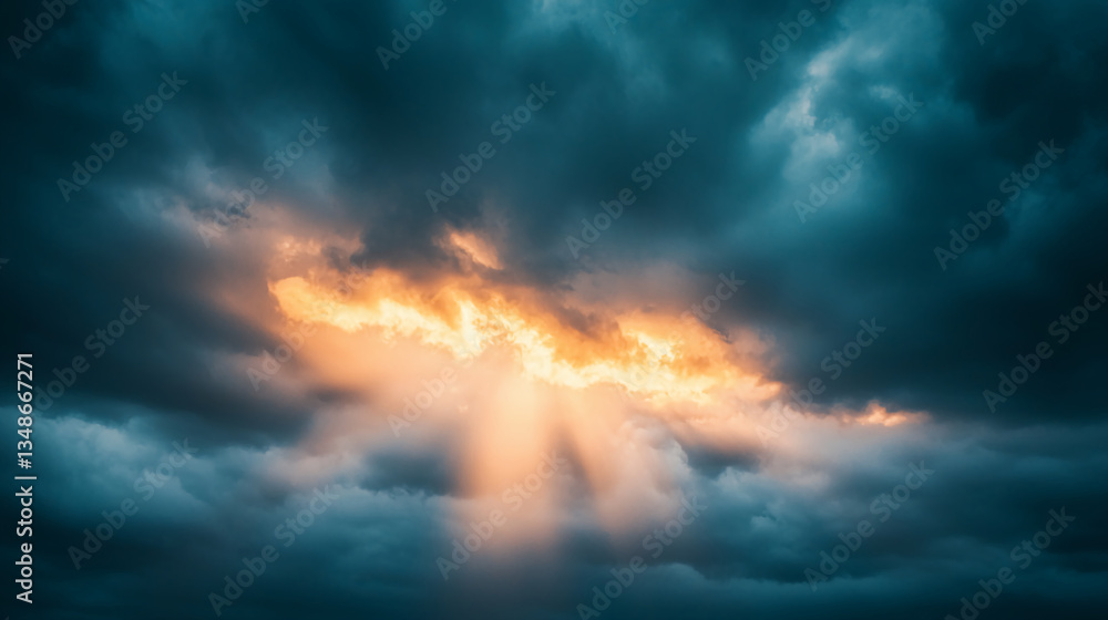 Dramatic Storm Clouds with Sunlight Breaking Through, Surreal and Majestic Sky Dramatic Storm Clouds with Sunlight Breaking Through, Surreal and Majestic Sky
