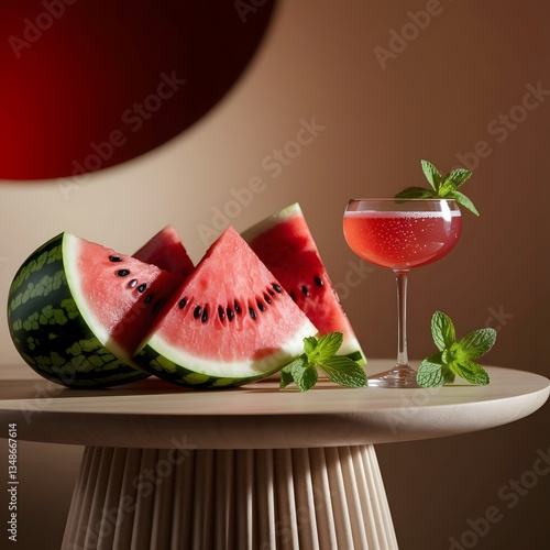 Product facewash Background, Refreshing Watermelon Cocktail with Mint Garnish, Close-up of sliced watermelon, fresh mint leaves, and a vibrant watermelon cocktail in a martini glass.