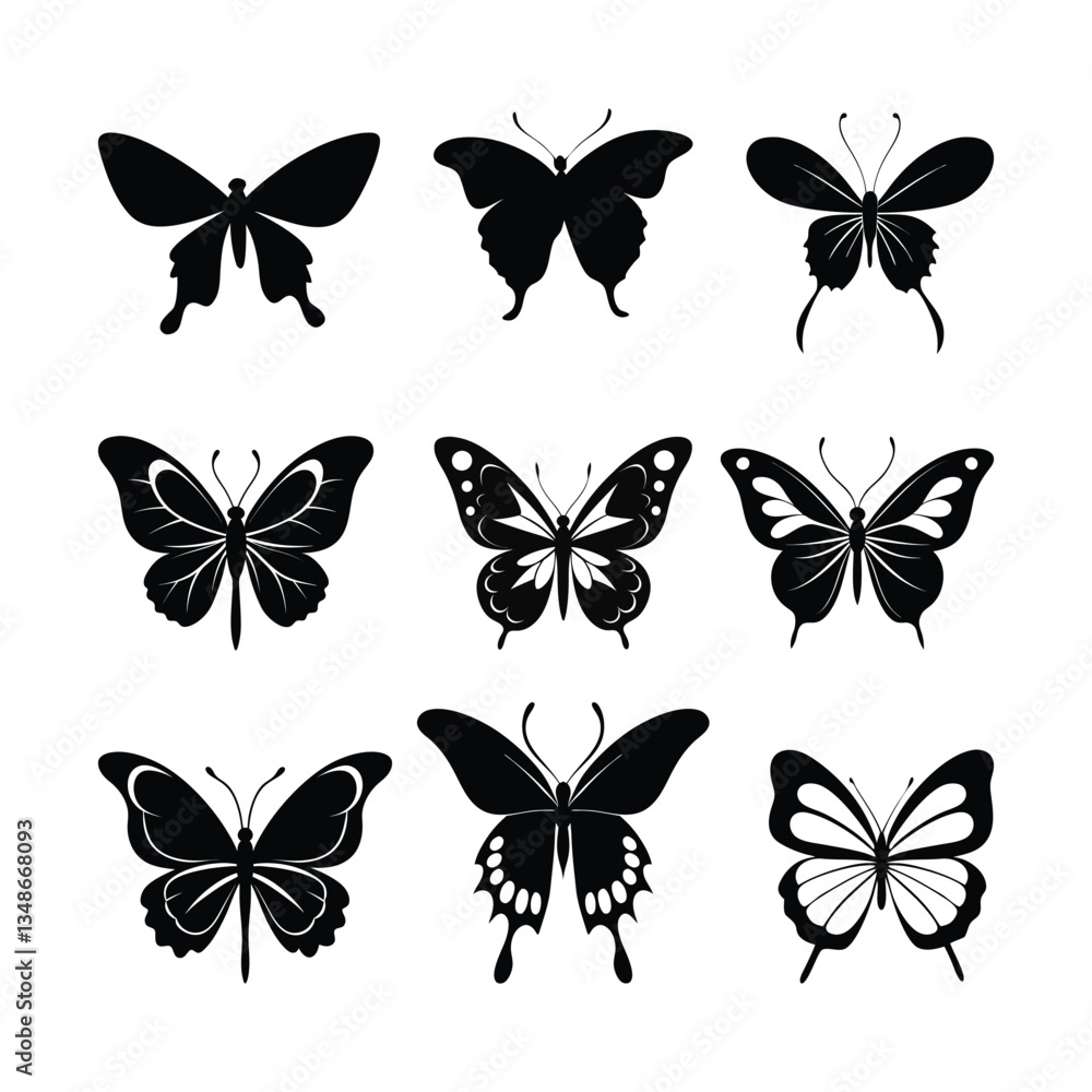 Vector silhouette illustration of butterfly on white background.
Vector silhouette illustration of butterfly on white background.