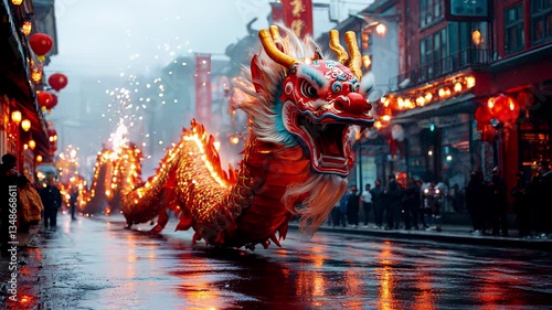 Vibrant dragon dance performers celebrate Chinese holidays, showcasing red and gold costumes against a backdrop of colorful banners. Firecrackers illuminate the streets