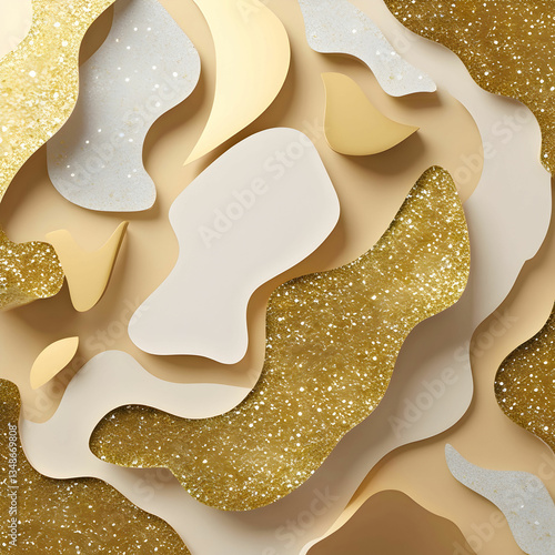 Abstract golden background with white and beige glitter, luxury gold lines, and elegant 3D style