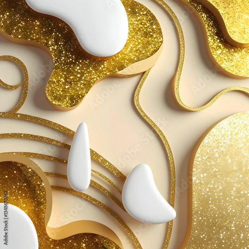 Abstract golden background with white and beige glitter, luxury gold lines, and elegant 3D style