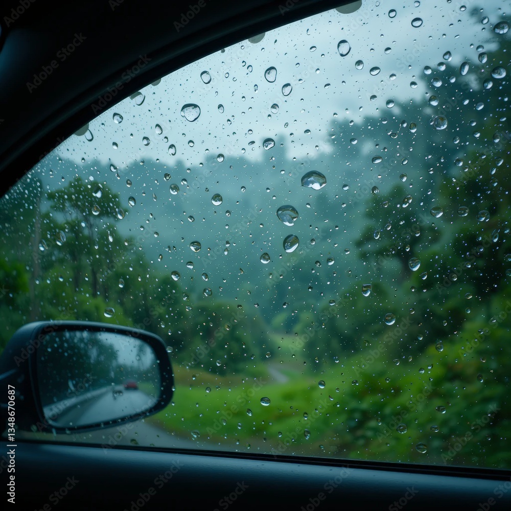 Raindrops scatter over a car window, blurring a lush green landscape seen through the glass. The scene captures a peaceful moment of nature during a rainy drive. Raindrops scatter over a car window, blurring a lush green landscape seen through the glass. The scene captures a peaceful moment of nature during a rainy drive.