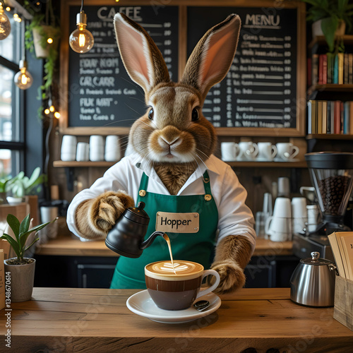 Barista rabbit Hopper crafting latte art in a cozy, plant-filled cafe with warm ambiance