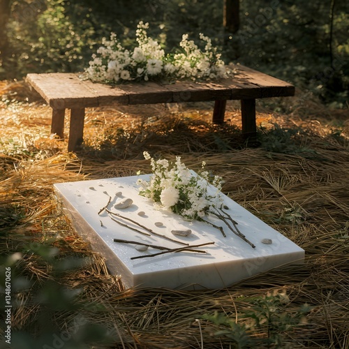 nature product background, Elegant White Floral Arrangement on a Rustic Wooden Table and Marble Slab in a Forest Setting, A serene and peaceful scene featuring a rustic wooden table adorned with a bea