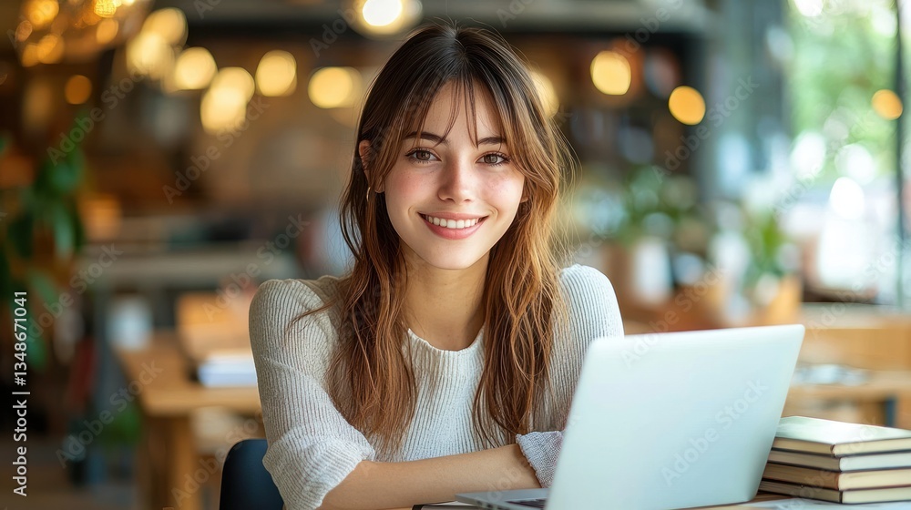 Smiling Young Businesswoman at Desk with Laptop and Books Smiling Young Businesswoman at Desk with Laptop and Books