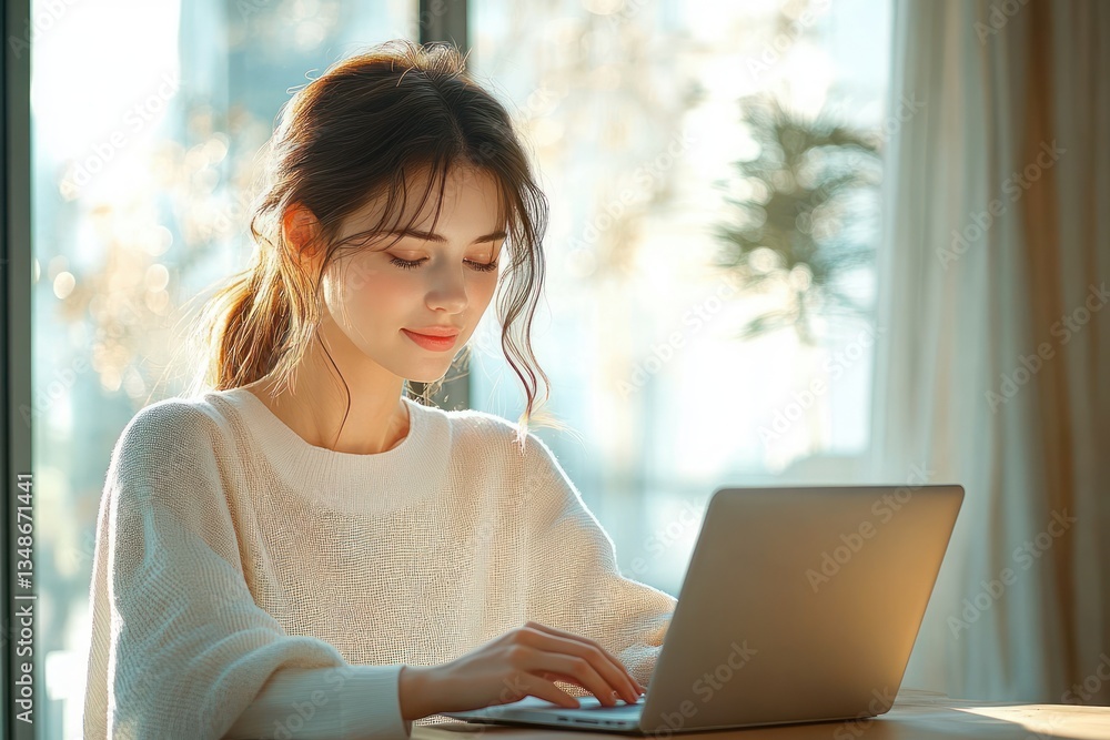 Smiling Businesswoman Using Laptop in Modern Office Setting Natural Light Smiling Businesswoman Using Laptop in Modern Office Setting Natural Light