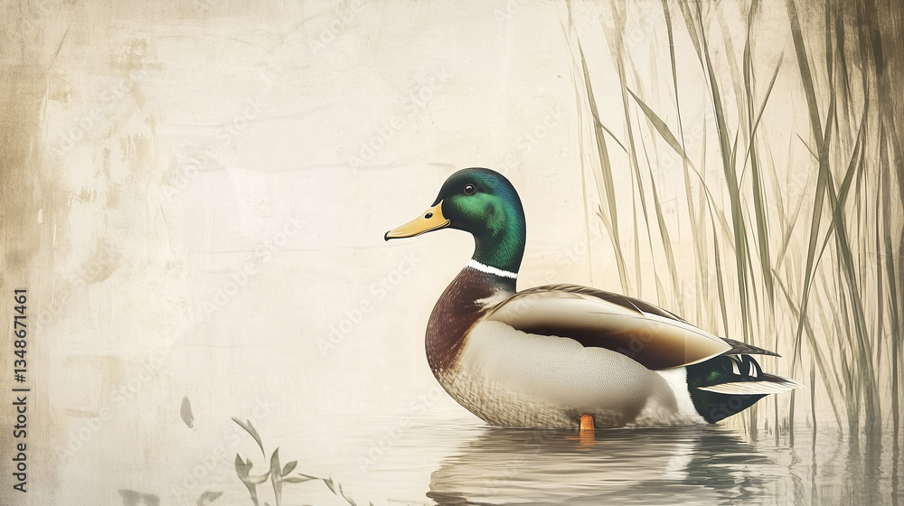 Fototapeta premium Vintage-style illustration of a duck standing in water 
