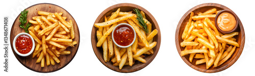 french fries with chili sauce on wood plate, transparent background