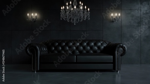 Luxurious black leather sofa in a dark room with crystal chandeliers and wall sconces