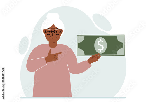 A old woman holds a large paper bill in his hand. The concept of income, expense, earning or spending money. Vector flat illustration