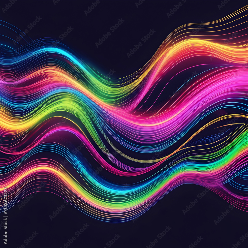 Abstract dynamic wave lines with colorful light flowing on black background, symbolizing music and technology Abstract dynamic wave lines with colorful light flowing on black background, symbolizing music and technology