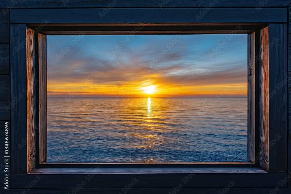Fototapeta premium Ocean Sunset Viewed Through Rustic Wooden Frame