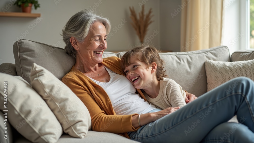 A heartwarming moment of laughter and connection between an elderly woman and a young boy on a cozy couch.
