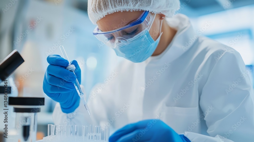 Fototapeta premium Scientist in laboratory conducting experiments with pipette and test tubes during daylight