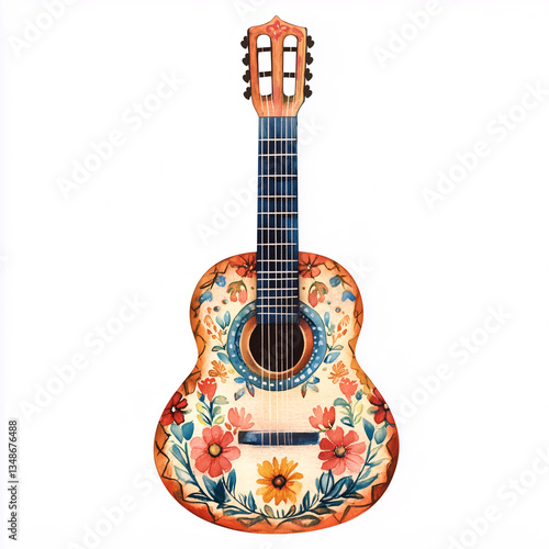 Acoustic guitar adorned with colorful Mexican-style floral designs in a watercolor painting, merging art and music