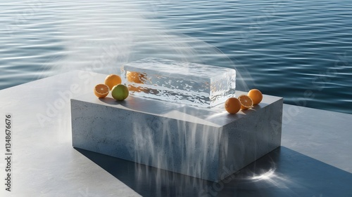 Ice Product background. Frozen Citrus: A Still Life of Cooling Ice and Fresh Fruit product background facewash product background, product nature background, product showcase 