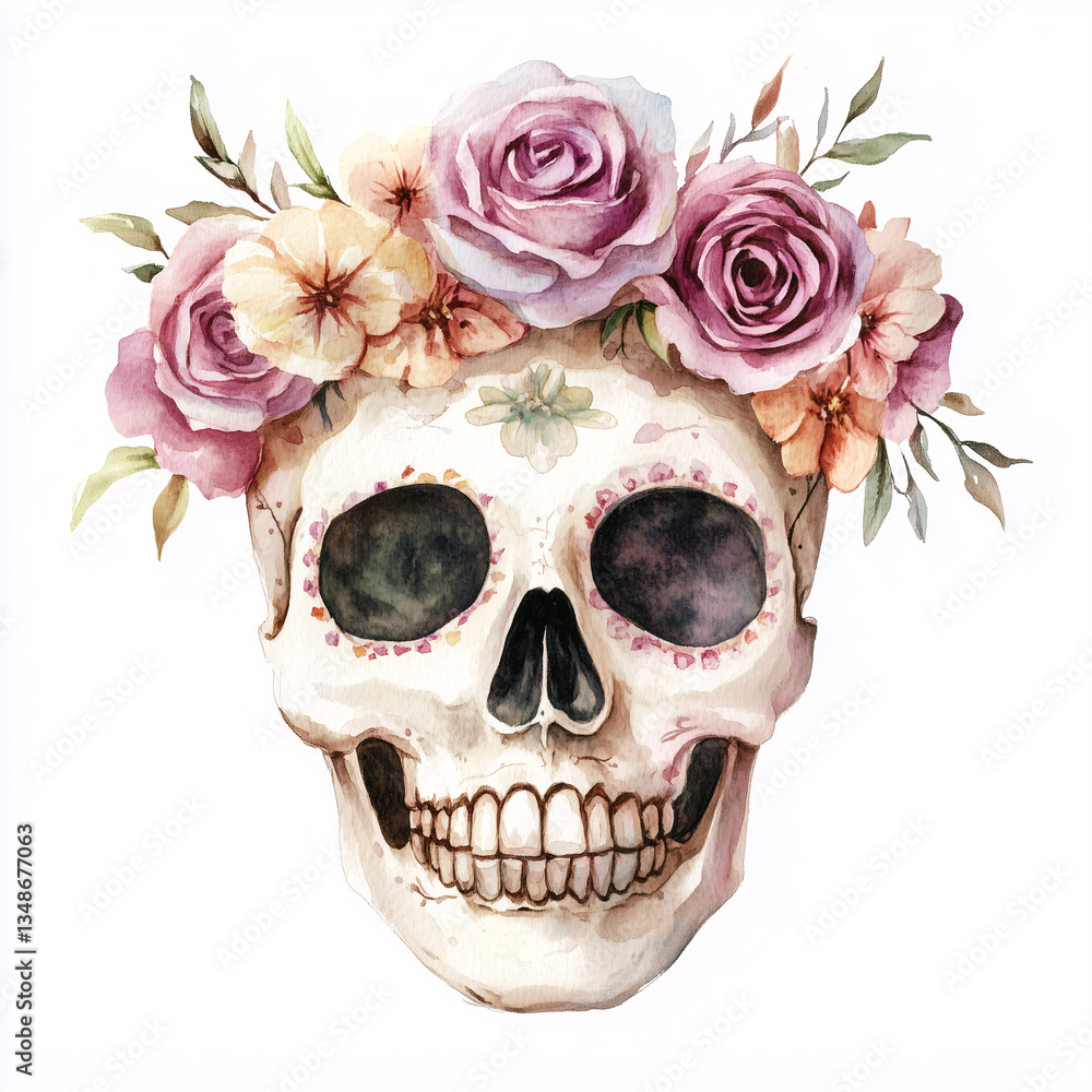 Obraz premium Colorful watercolor calavera skull wearing intricate flower crown, embodying vibrant dia de los muertos cultural symbolism