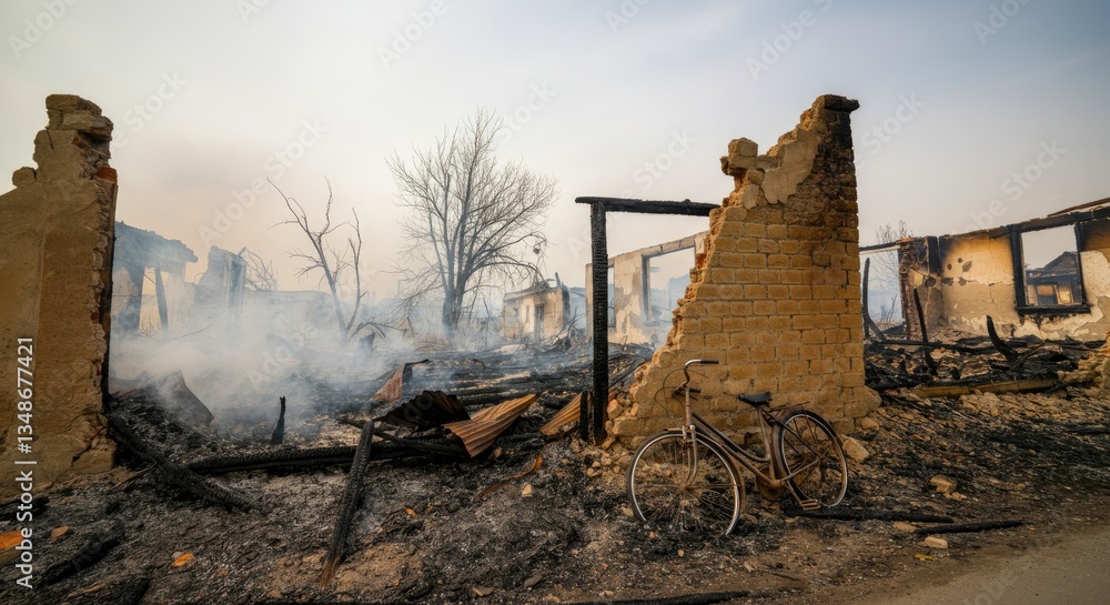 Fototapeta premium Burnt remains of buildings with bicycle after wildfire