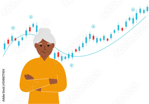 A grandmother on the background of a Forex chart. Conceptual illustration on the topic of strategic planning in trading on the stock exchange. Vector flat illustration