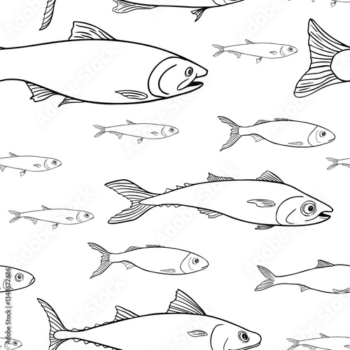 School of sea fish black white vector seamless pattern. Salmon, anchovy outline hand drawn. Herring, mackerel drawing on repeat background. Shoal of fishes graphic linear style for prints, paper.