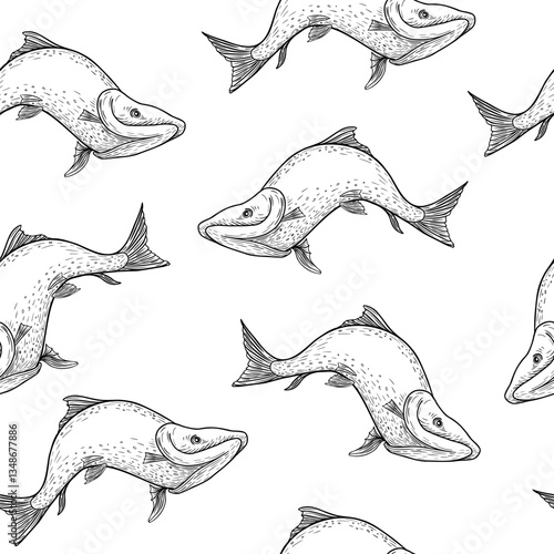 Trout black white vector seamless pattern. Salmon monochrome sketch hand drawn. Nerka sea fish painted engraving on repeat background. Variety sockeye in graphic for package, fabric, wrapping paper.