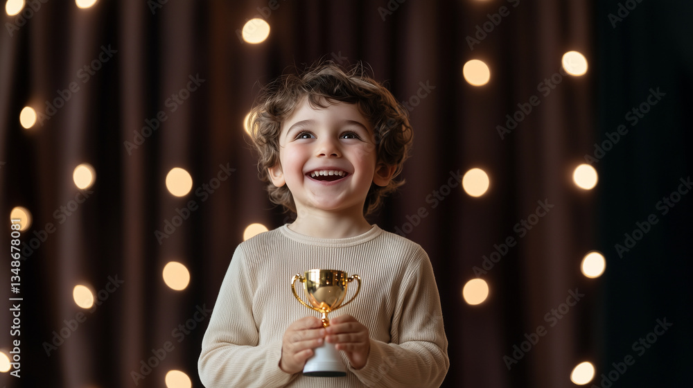 Naklejka premium A smiling star kid with a trophy and a glowing velvet curtain