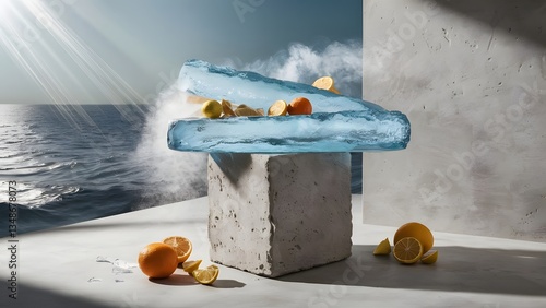 Ice Product background. Frozen Citrus: A Still Life of Cooling Ice and Fresh Fruit product background facewash product background, product nature background, product showcase 