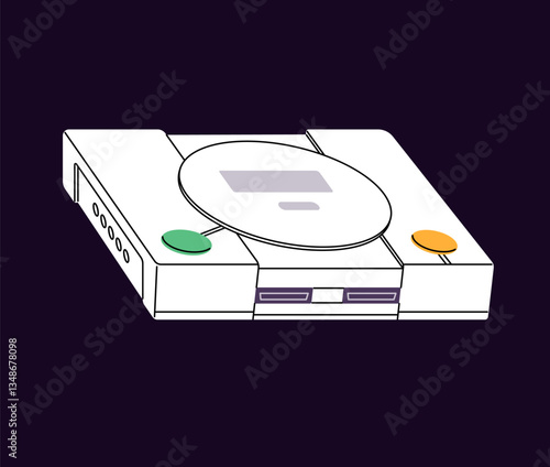 Retro videogame console icon. Gamers' equipment, vintage device with disk drive to play video games. Cybersport players' gear, appliance for digital entertainment. Flat isolated vector illustration