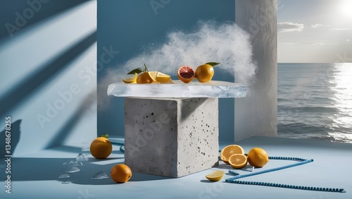 Ice Product background. Frozen Citrus: A Still Life of Cooling Ice and Fresh Fruit product background facewash product background, product nature background, product showcase 