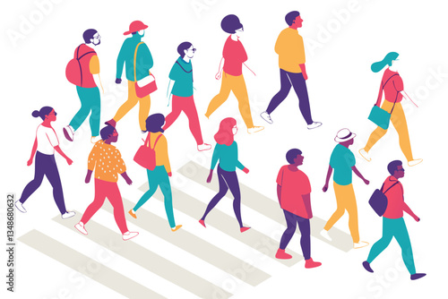 9 Colorful crowd of diverse people, minimalist illustration, white background, dynamic poses, walking figures, stylized characters, vibrant clothing, top-down view, flat design, abstract human shapes,