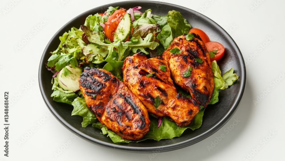 Grilled chicken with fresh salad. Juicy, flavorful grilled chicken pieces atop a bed of crisp greens and vegetables. A complete and healthy meal Grilled chicken with fresh salad. Juicy, flavorful grilled chicken pieces atop a bed of crisp greens and vegetables. A complete and healthy meal