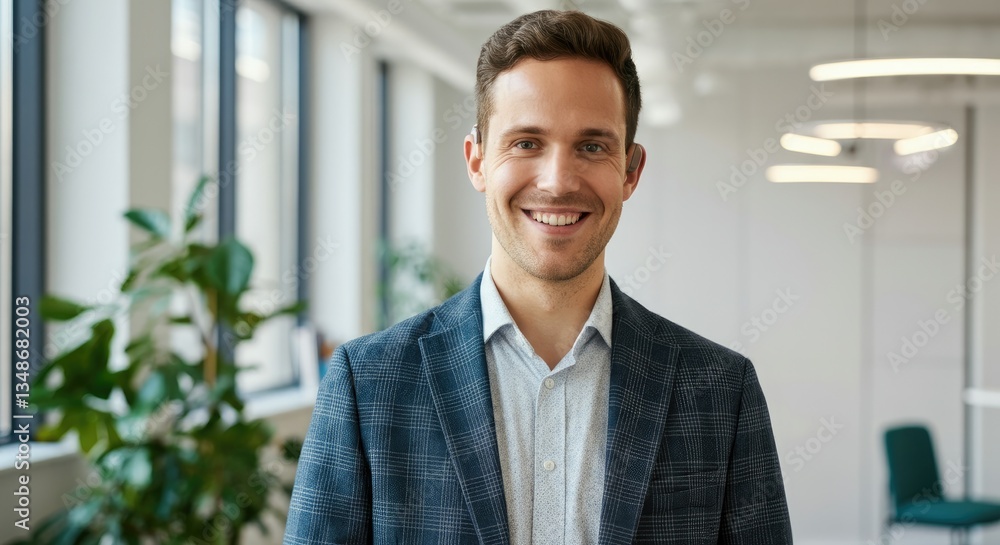Smiling Caucasian man in office environment, wearing suit jacket, business setting Smiling Caucasian man in office environment, wearing suit jacket, business setting