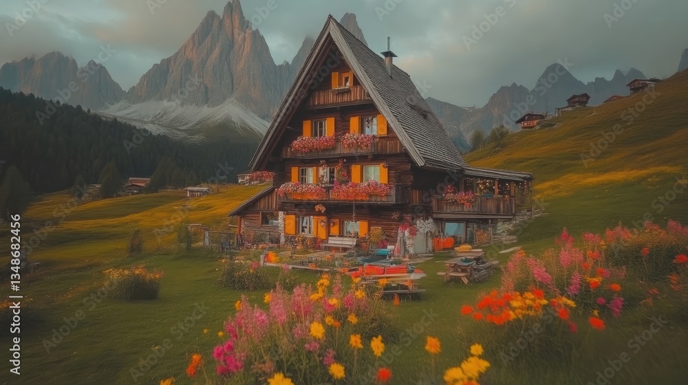 Alpine chalet nestled in a vibrant meadow, surrounded by majestic mountains. A picturesque scene of peace and tranquility Alpine chalet nestled in a vibrant meadow, surrounded by majestic mountains. A picturesque scene of peace and tranquility