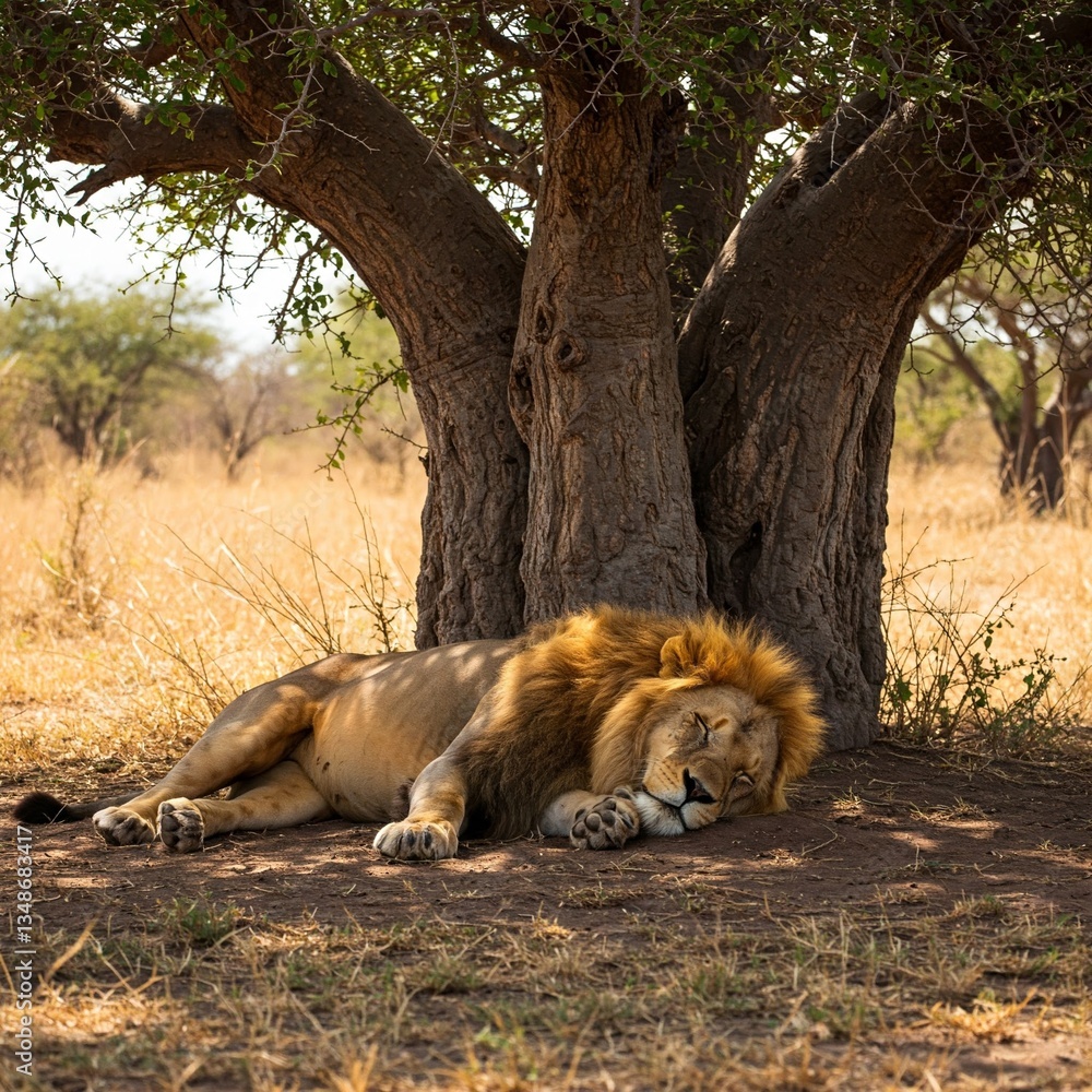 Naklejka premium Lion is sleep under shade of tree