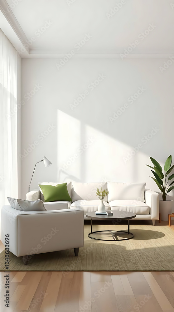 Fototapeta premium minimalist living room interior mockup, modern furniture and greenly decorative, white sofa and armchair, created by generative ai