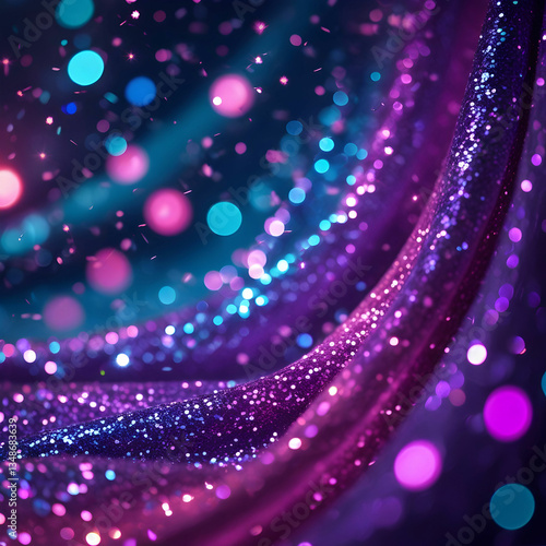 Neon glitter background with grain texture, bokeh glow, and fluorescent blue-magenta-pink shimmering gradient.