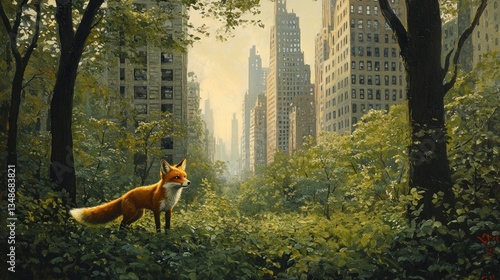 A red fox stands amidst overgrown vegetation, overlooking a deserted city skyline.